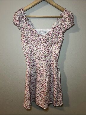 Zara Dress Womens XS Pink Floral Puff Sleeve Linen Blend Smocked Ruffle